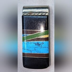 Vintage Money Clip featuring geometric channel inlay with multiple stones.